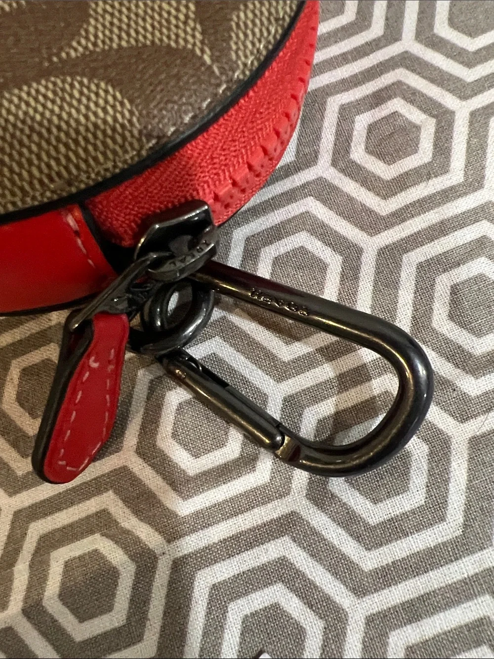 Coach Brown Signature Round Coin Case with Red Trim